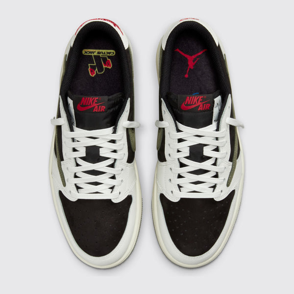 Travis Scott x Air Jordan 1 Low OG Medium Olive sneaker – top view of the pair