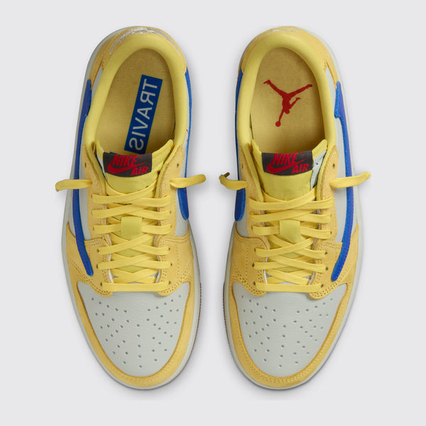 Travis Scott x Air Jordan 1 Low OG Canary sneaker – top view of the pair