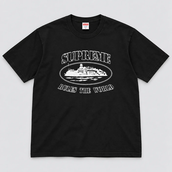Corteiz x Supreme Rules The World Tee Black front view