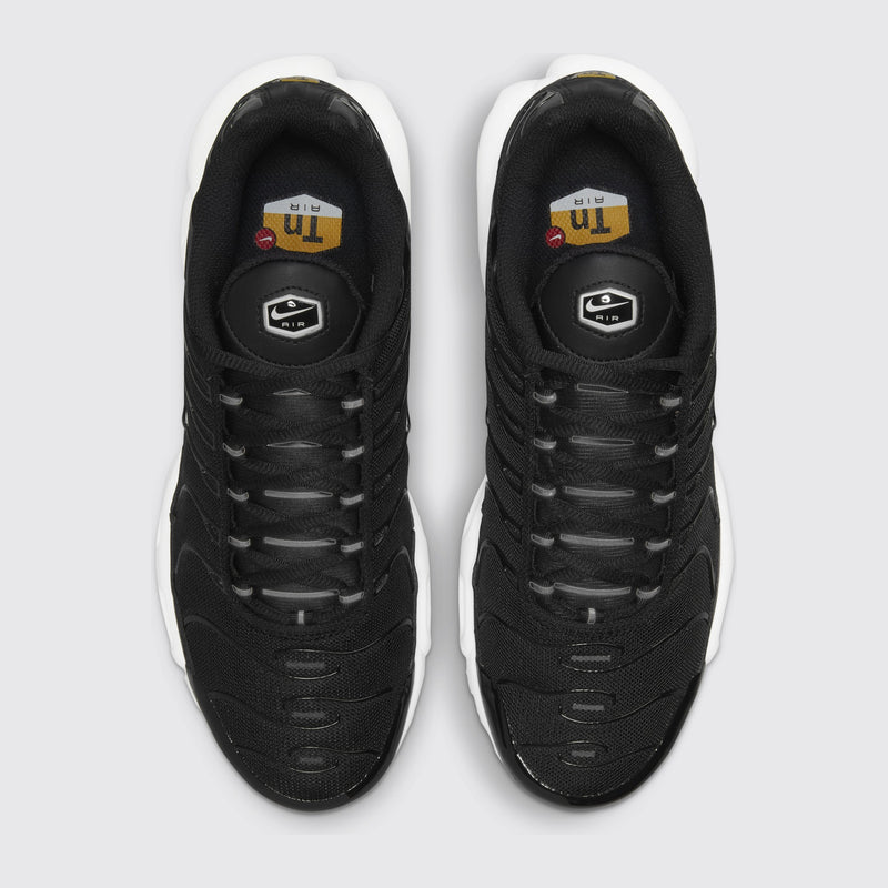 Women's Nike Air Max Plus Black White sneaker – top view of the pair