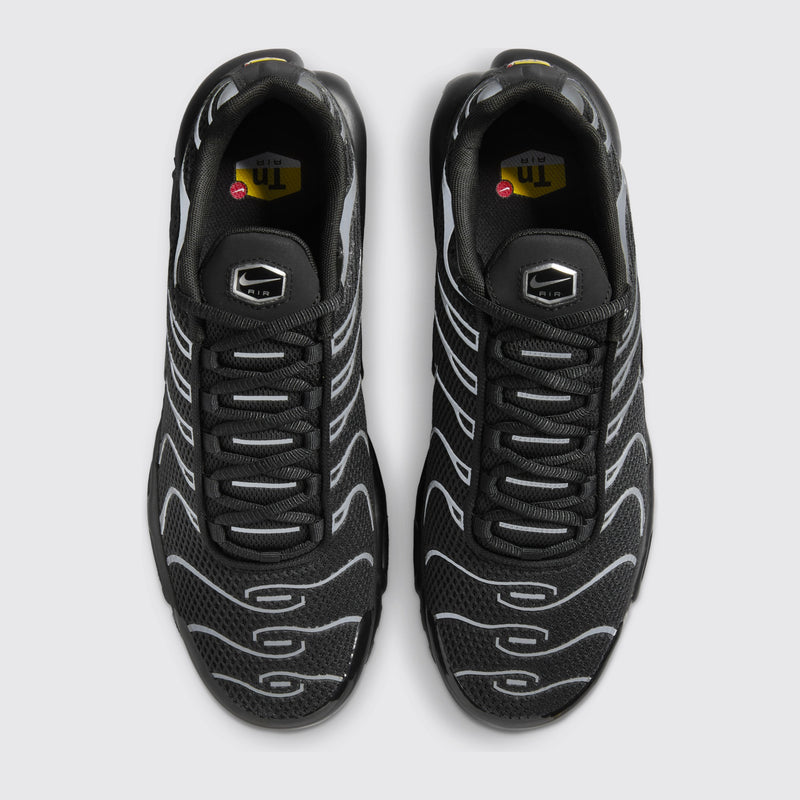 Nike Air Max Plus Premium Black Metallic Silver sneaker – top view of the pair