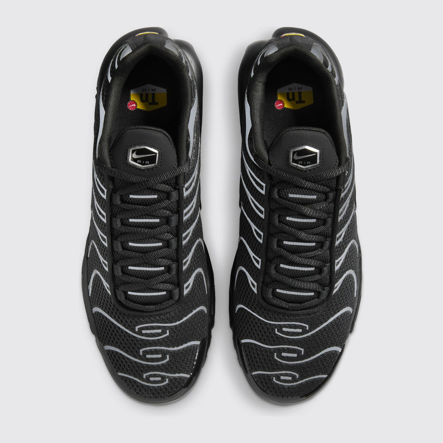 Nike Air Max Plus Premium Black Metallic Silver sneaker – top view of the pair