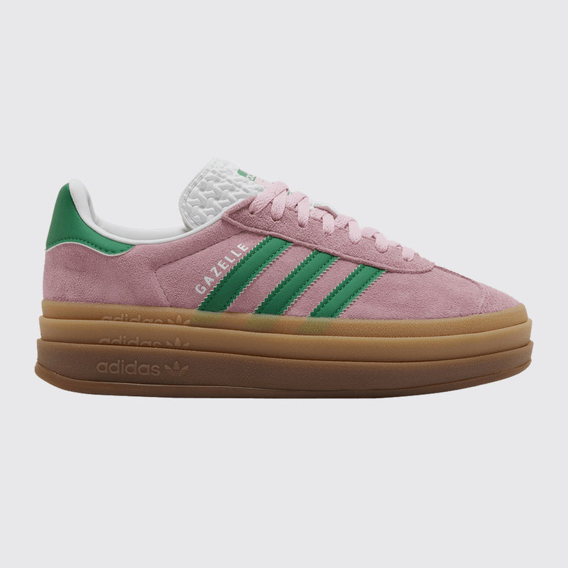 Women's Adidas Gazelle Bold True Pink Green sneaker – front three-quarter view