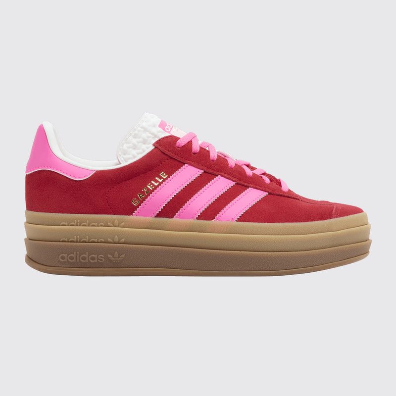 Women's Adidas Gazelle Bold Collegiate Red Lucid Pink sneaker – front three-quarter view