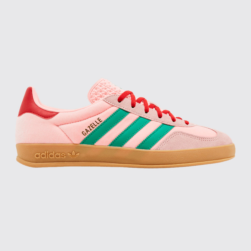 Adidas Gazelle Indoor Glow Pink Court Green de Mulher sapatilha – vista frontal a três quartos