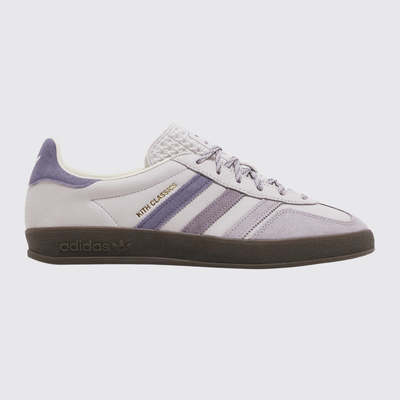 Kith x Adidas Gazelle Indoor Ash Purple sneaker – front three-quarter view