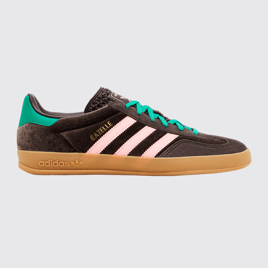Women's Adidas Gazelle Indoor Dark Brown Glow Pink Velvet sneaker – front three-quarter view