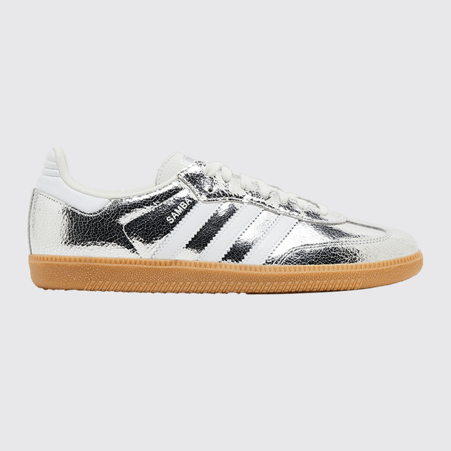 Women's Adidas Samba OG Cracked Metallic Silver sneaker – front three-quarter view