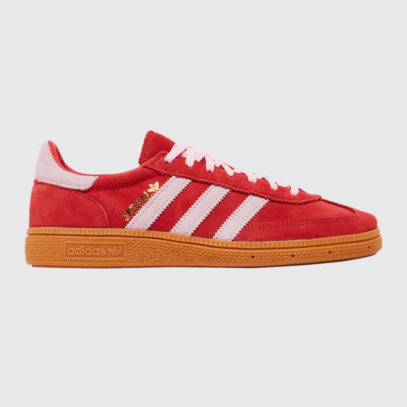 Adidas Handball Spezial Bright Red Clear Pink de Mulher sapatilha – vista frontal a três quartos
