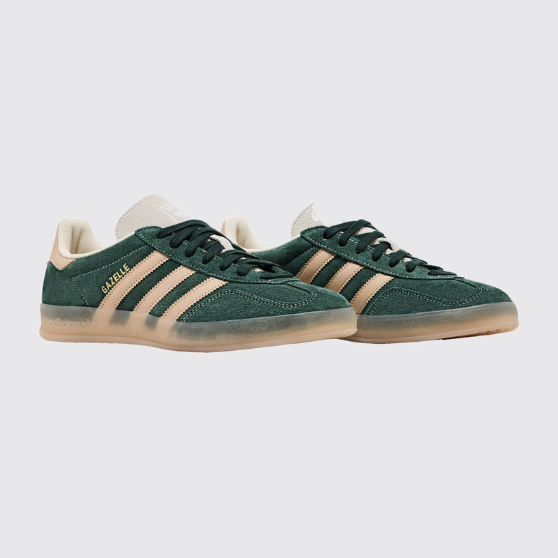 Adidas Gazelle Indoor Shadow Green Warm Sandstone sapatilha – vista a três quartos do par