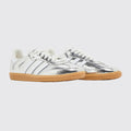 Women's Adidas Samba OG Cracked Metallic Silver sneaker – three-quarter view of the pair
