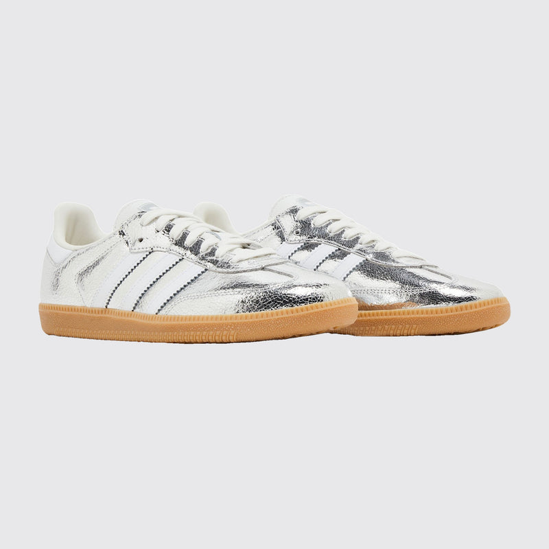 Women's Adidas Samba OG Cracked Metallic Silver sneaker – three-quarter view of the pair
