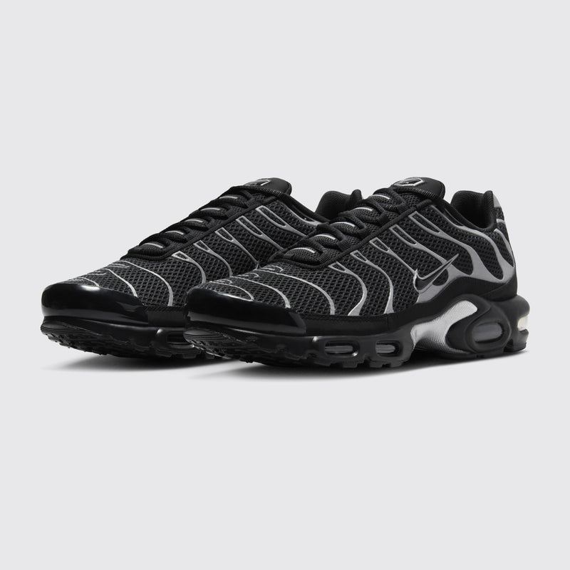 Nike Air Max Plus Premium Black Metallic Silver sneaker – three-quarter view of the pair