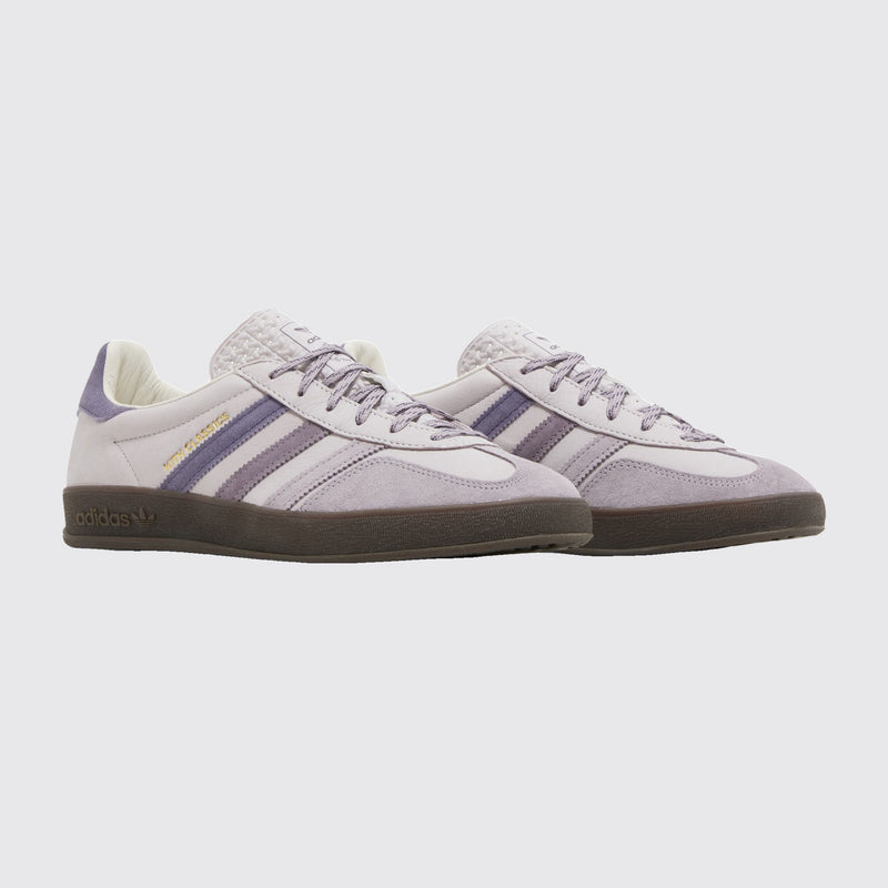 Kith x Adidas Gazelle Indoor Ash Purple sneaker – three-quarter view of the pair