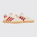 Women's Adidas Handball Spezial Cream White Better Scarlet sneaker – three-quarter view of the pair