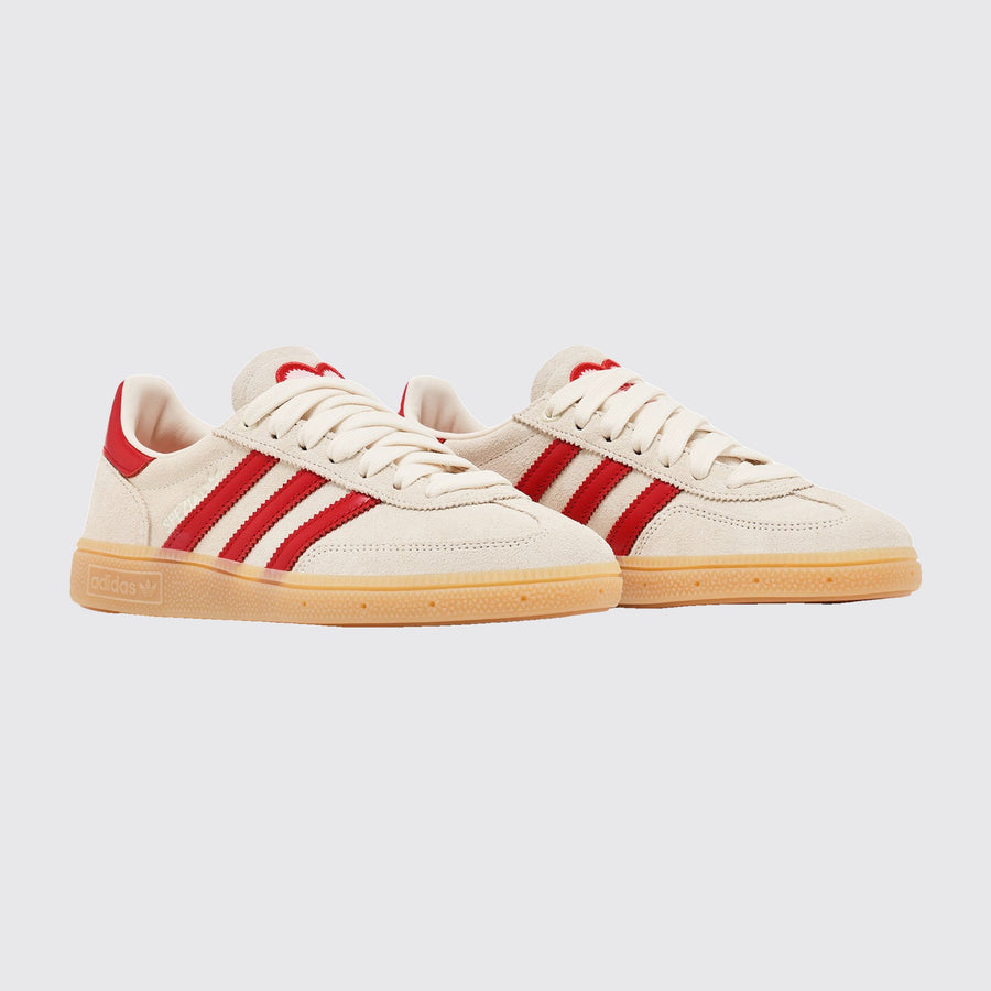 Women's Adidas Handball Spezial Cream White Better Scarlet sneaker – three-quarter view of the pair