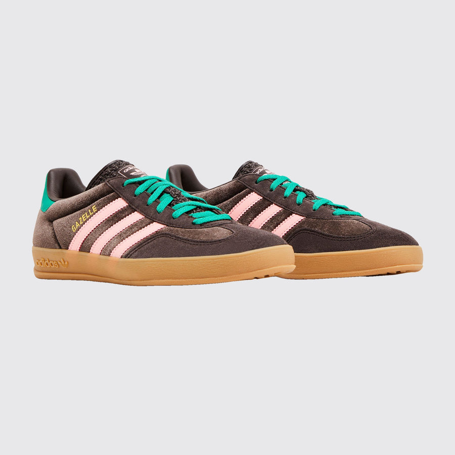 Women's Adidas Gazelle Indoor Dark Brown Glow Pink Velvet sneaker – three-quarter view of the pair