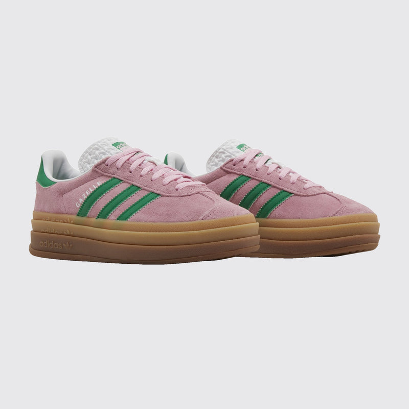 Women's Adidas Gazelle Bold True Pink Green sneaker – three-quarter view of the pair