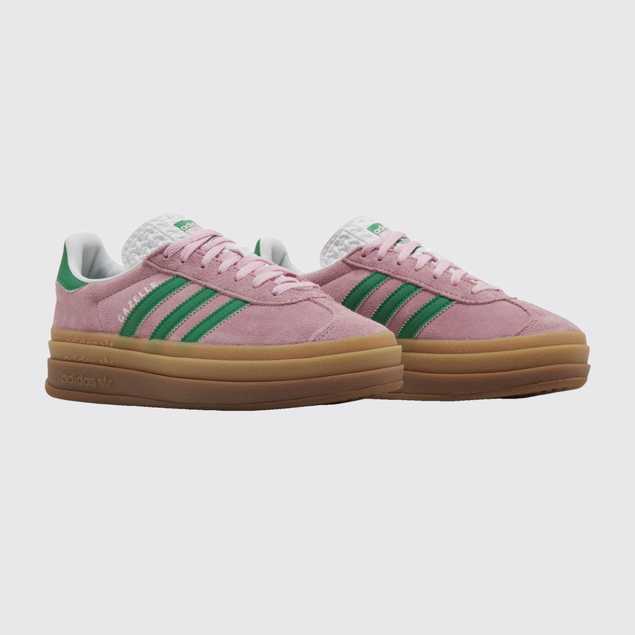 Women's Adidas Gazelle Bold True Pink Green sneaker – three-quarter view of the pair