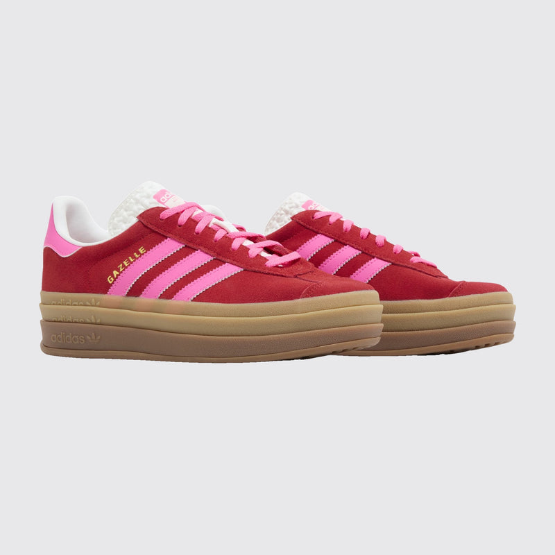 Women's Adidas Gazelle Bold Collegiate Red Lucid Pink sneaker – three-quarter view of the pair