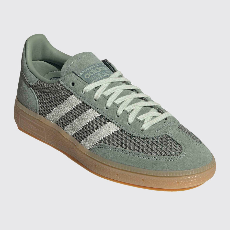 Women's Adidas Handball Spezial Silver Green Linen sneaker – front three-quarter view