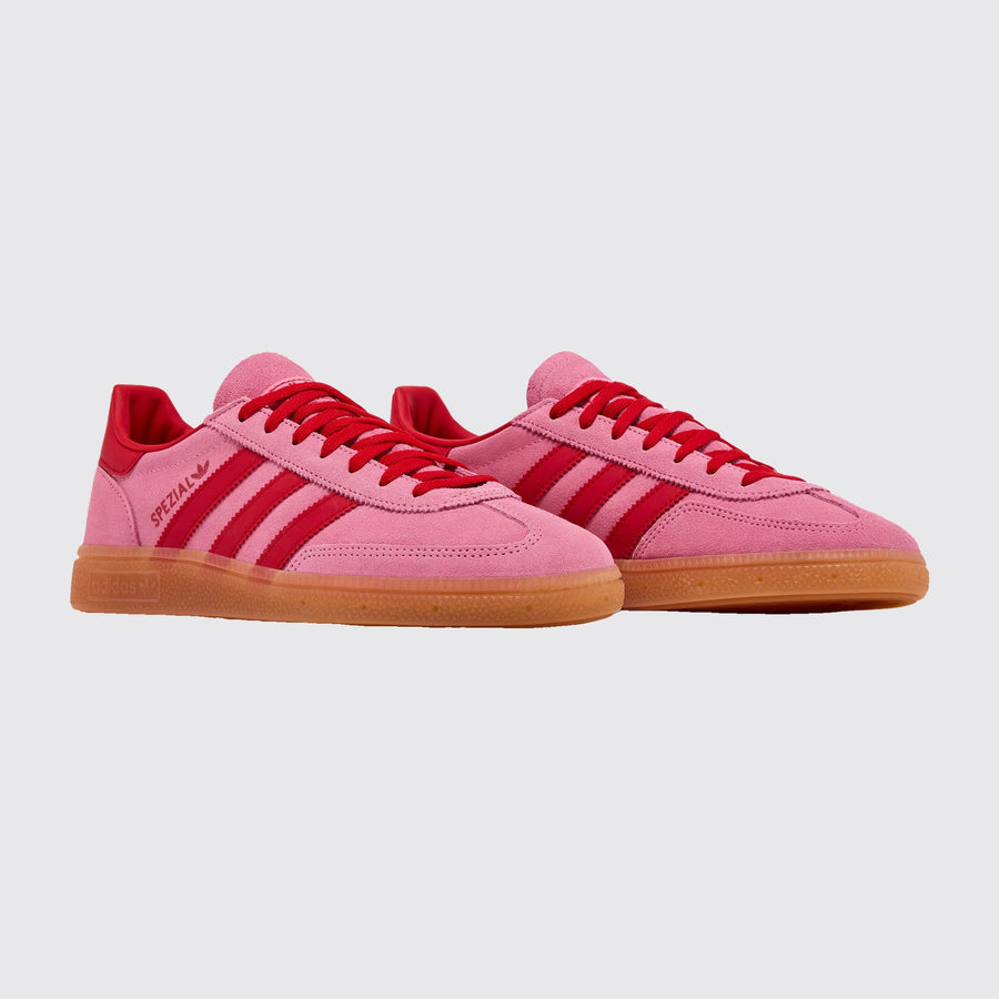 Women's Adidas Handball Spezial Semi Pink Glow Better Scarlet sneaker – three-quarter view of the pair
