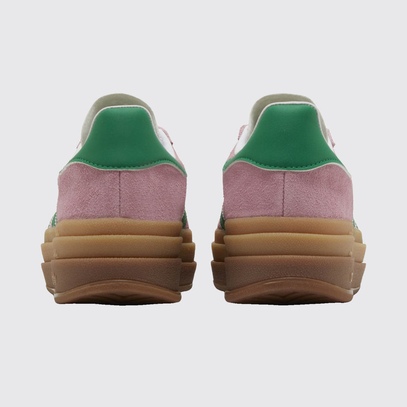Women's Adidas Gazelle Bold True Pink Green sneaker – back view of the pair