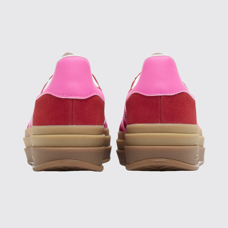 Women's Adidas Gazelle Bold Collegiate Red Lucid Pink sneaker – back view of the pair