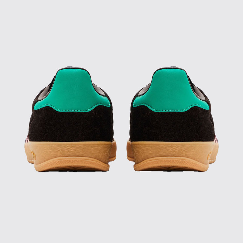 Women's Adidas Gazelle Indoor Dark Brown Glow Pink Velvet sneaker – back view of the pair