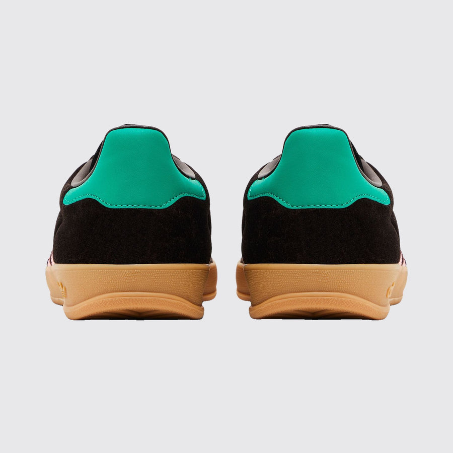 Women's Adidas Gazelle Indoor Dark Brown Glow Pink Velvet sneaker – back view of the pair
