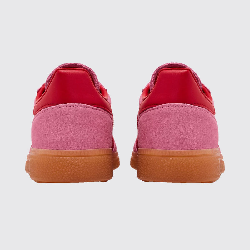 Women's Adidas Handball Spezial Semi Pink Glow Better Scarlet sneaker – back view of the pair