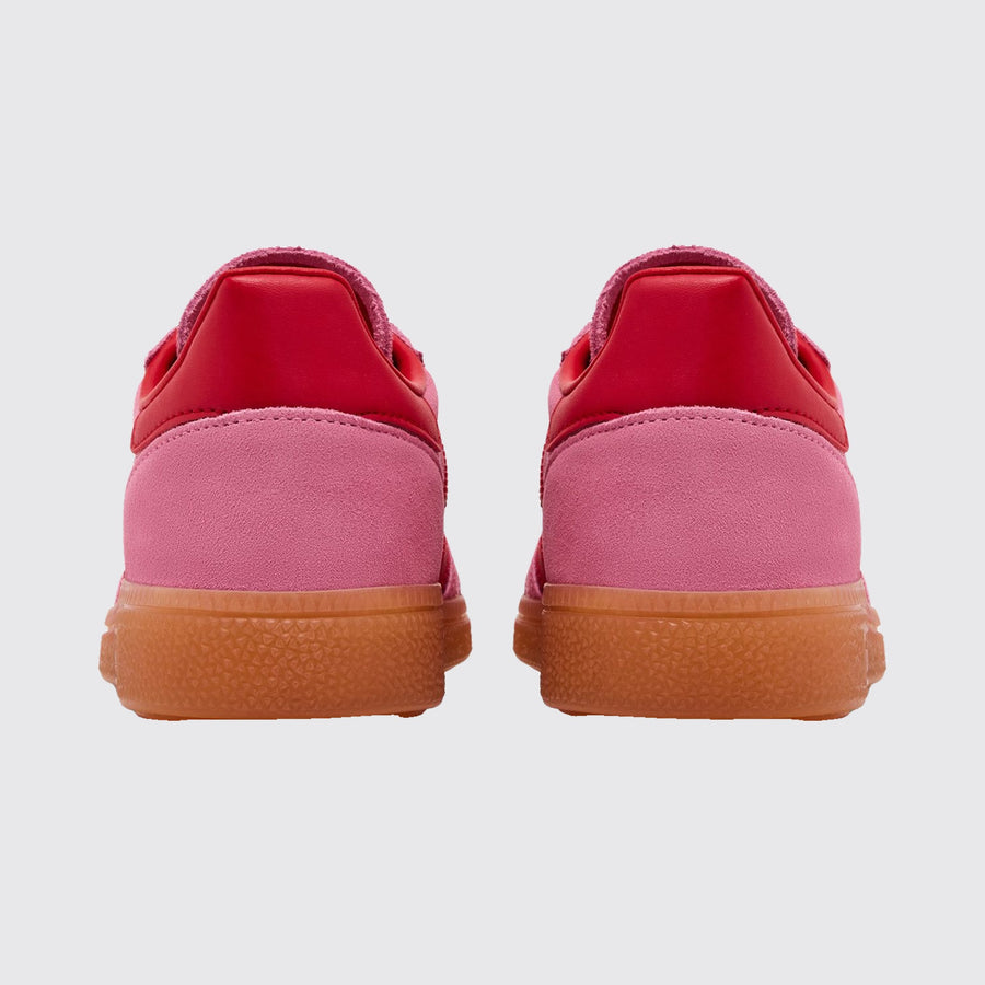Women's Adidas Handball Spezial Semi Pink Glow Better Scarlet sneaker – back view of the pair