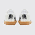 Women's Adidas Samba OG Cracked Metallic Silver sneaker – back view of the pair