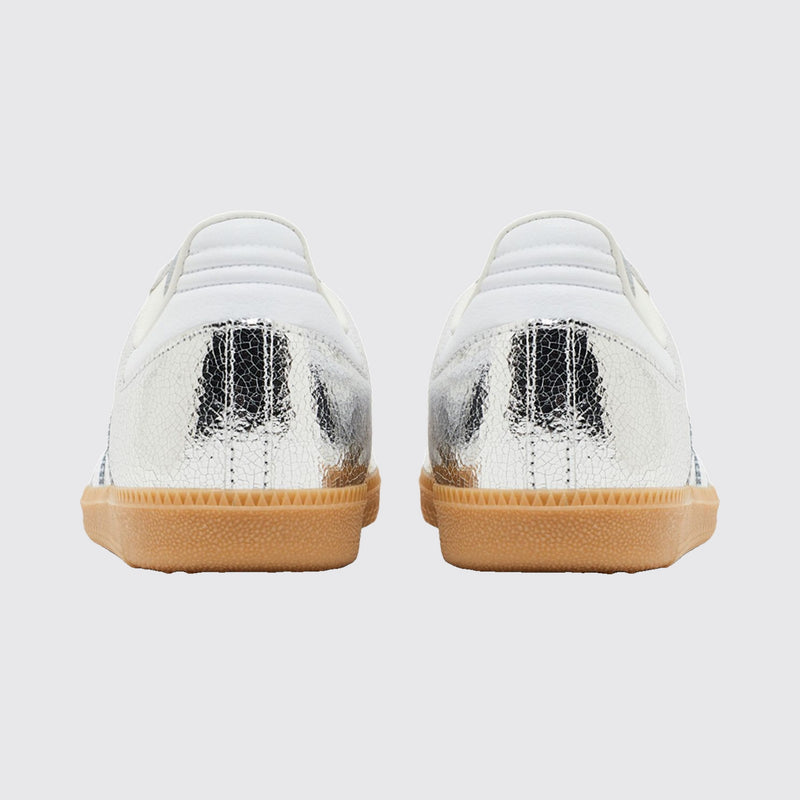 Women's Adidas Samba OG Cracked Metallic Silver sneaker – back view of the pair