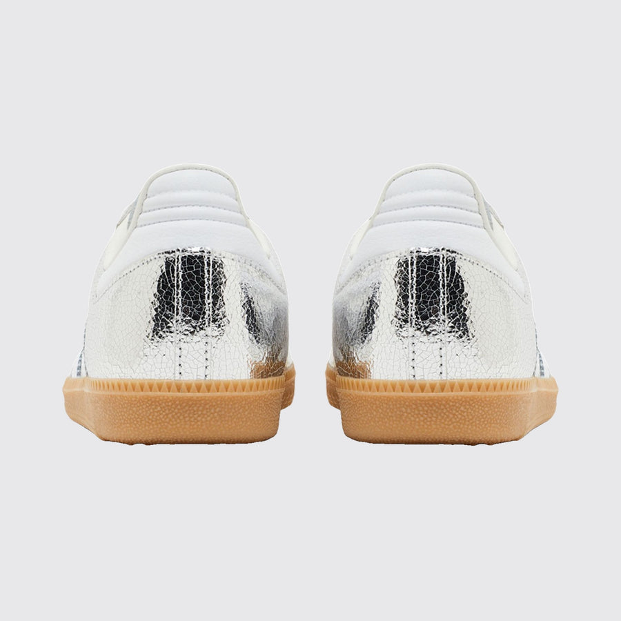 Women's Adidas Samba OG Cracked Metallic Silver sneaker – back view of the pair