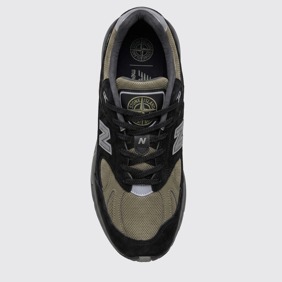 Stone Island New Balance 991v2 Made in UK Black Olive basket – vue de dessus