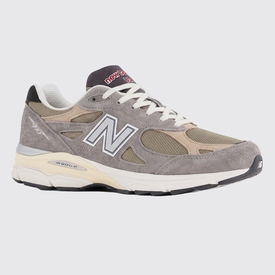 Teddy Santis New Balance 990v3 Made in USA Grey Tan sneaker – front three-quarter view