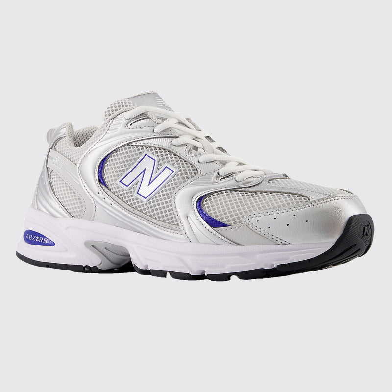 New Balance 530 Light Grey Silver Blue sneaker – front three-quarter view