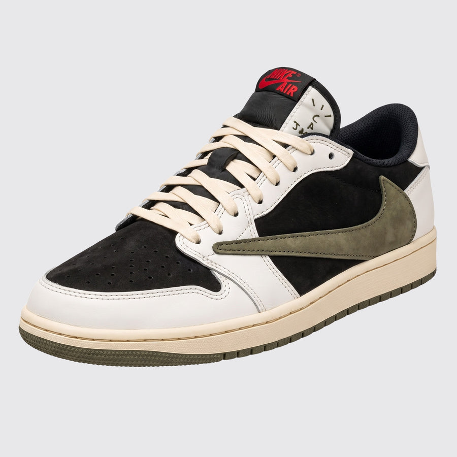 Travis Scott x Air Jordan 1 Low OG Medium Olive sneaker – front three-quarter view