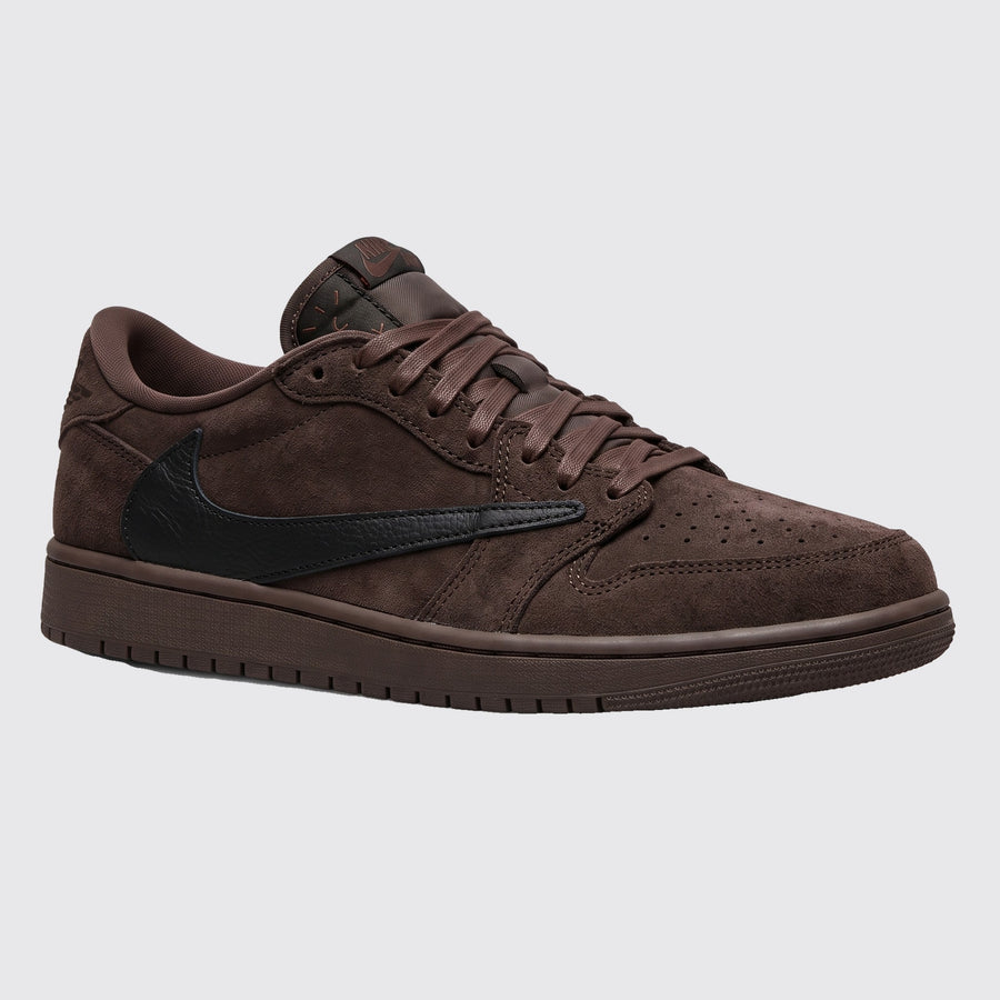 Travis Scott x Air Jordan 1 Low OG Velvet Brown sneaker – front three-quarter view
