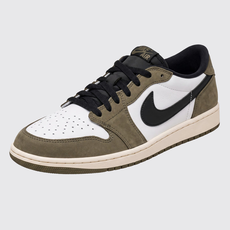 Air Jordan 1 Low OG Medium Olive sneaker – front three-quarter view