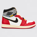 Side view of red and white Air Jordan 1 High x Union LA sneaker with black Swoosh and grey Wings ankle panel