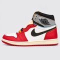Profile of red grey and white Union LA Air Jordan 1 High with black Swoosh and red outsole