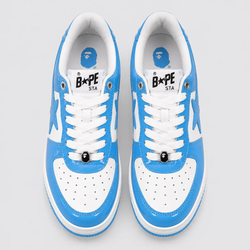 A Bathing APE BAPE STA Patent Leather White Blue sneaker – top view