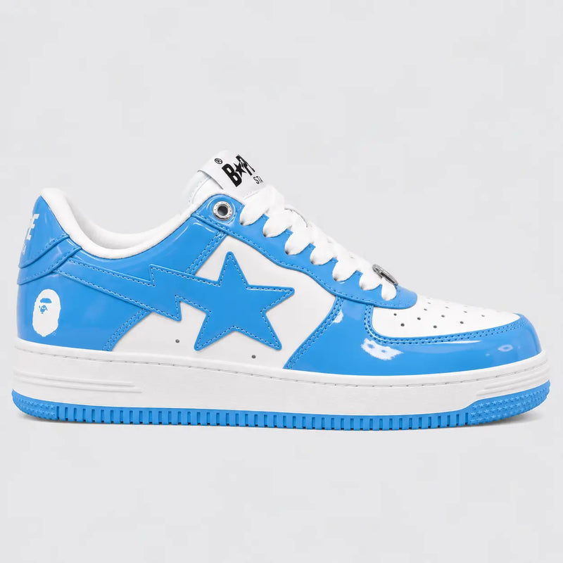 A Bathing APE BAPE STA Patent Leather White Blue sneaker – rear view