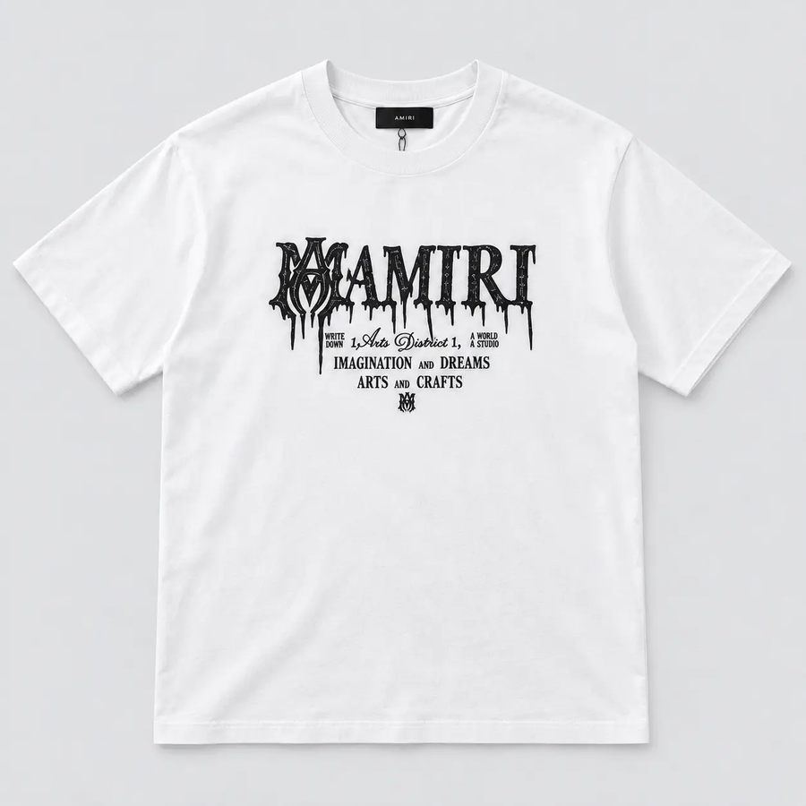 Amiri Gothic Drip Logo Tee White front view