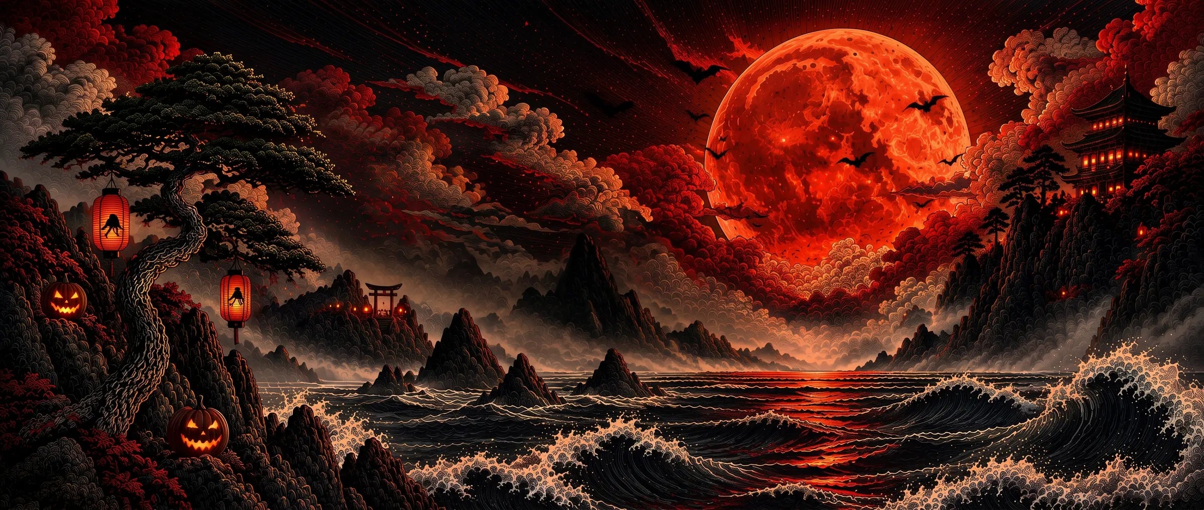 Japanese-style Halloween night with a blood-red moon, pagoda and ocean waves
